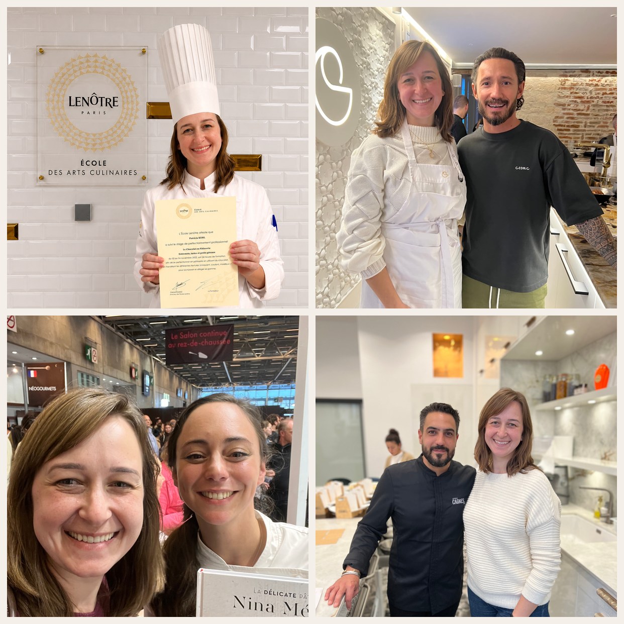 Patrícia Brüske na École Lenôtre Paris e com os chefs Cédric Grolet, Nina Métayer e Jeffrey Cagnes